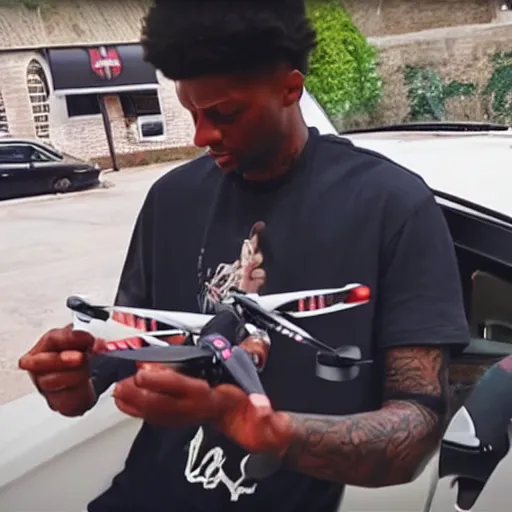 Prompt: “ drone footage of 2 1 savage committing grand theft auto with a glock, hyper realist, 4 k ”