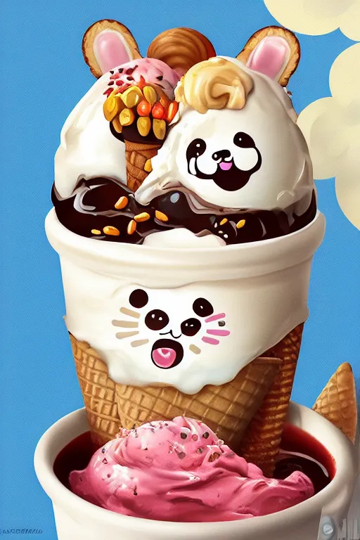 Image similar to digital realistic detailed art ice cream sundae and kawaii panda