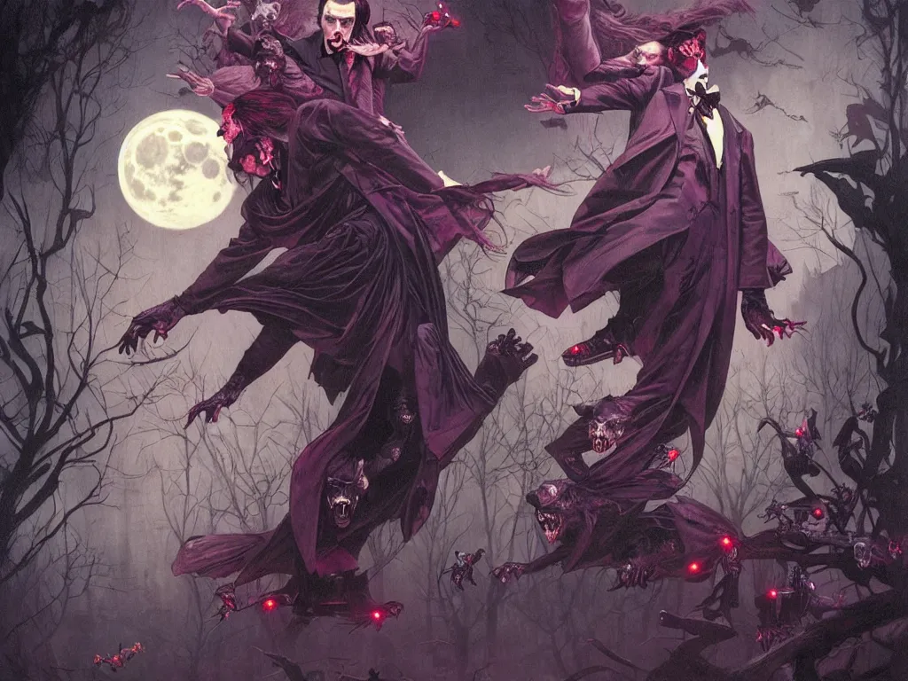 Image similar to dracula dancing on roller skates surrounded by bats and a full moon in the style of american traditional tattoo, neon, cyberpunk, stunning, highly detailed, digital painting, smooth, soft focus, digital art from artstation by artgerm and greg rutkowski and alphonse mucha