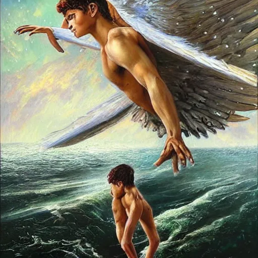 Prompt: beautiful painting by karol bak of a fourteen year old boy with and enormous mechanical wing strapped to his back, standing on the back of a boat in a storm, his arms spread. ready to fly, icarus, winged boy, young teen, rain, clouds, waves, splash,