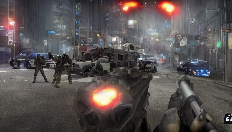 Image similar to 2020 Video Game Screenshot, Anime Neo-tokyo Cyborg bank robbers vs police, Set inside of the Bank, Open Vault, Multiplayer set-piece Ambush, Tactical Squads :9, Police officers under heavy fire, Police Calling for back up, Bullet Holes and Realistic Blood Splatter, :6 Gas Grenades, Riot Shields, Large Caliber Sniper Fire, Chaos, Metal Gear Solid Anime Cyberpunk, Akira Anime Cyberpunk, Anime Bullet VFX, Anime Machine Gun Fire, Violent Action, Sakuga Gunplay, Shootout, :7 Inspired by Escape From Tarkov :6, Intruder + Akira :12 by Katsuhiro Otomo: 19, 🕹️ 😎 🔫 🤖 🚬