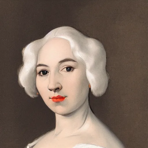 Prompt: portrait of a woman with short white hair, medium shot, illustration, highly detailed, high quality, by diego velazquez