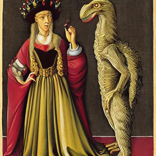 Prompt: portrait of an anthropomorphic velociraptor, dressed as an italian queen, sandro bottecelli, 1 5 0 0