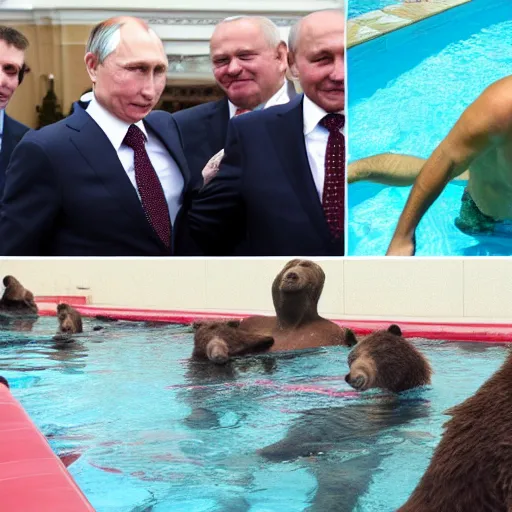 Prompt: putin bathes in a pool with bears