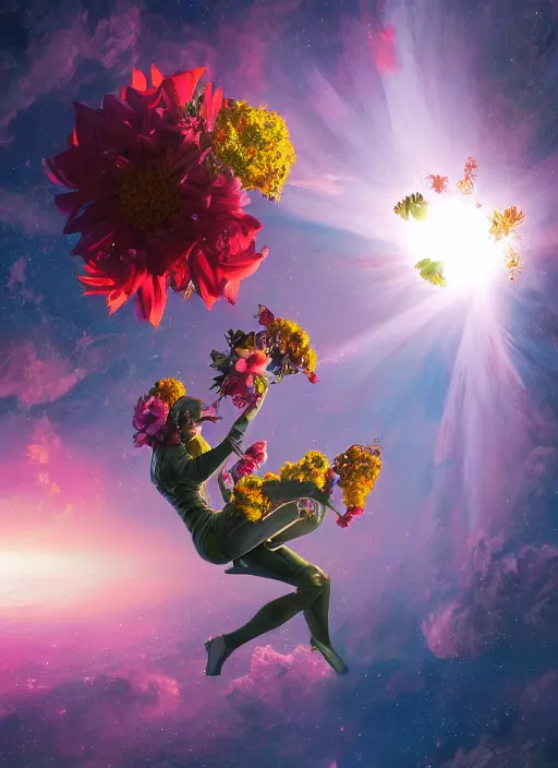 Image similar to An epic fantastic realism comic book style painting of the most beautiful flowers launched into space, bouquets, solar eclipse, fisheye, unreal 5, DAZ, hyperrealistic, octane render, dynamic lighting