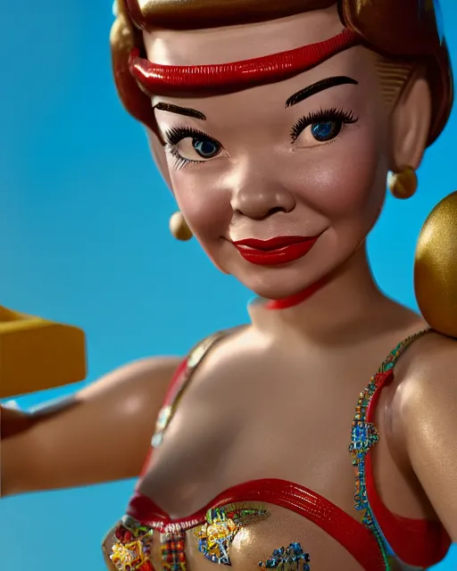 Image similar to highly detailed closeup, face profile portrait of a tin toy retro 1 9 5 0 s shirley maclaine, bikini, depth of field, fashion photoshoot by max fleischer, breathtaking, detailed and intricate environment, 8 k resolution, hyperrealistic, octane render