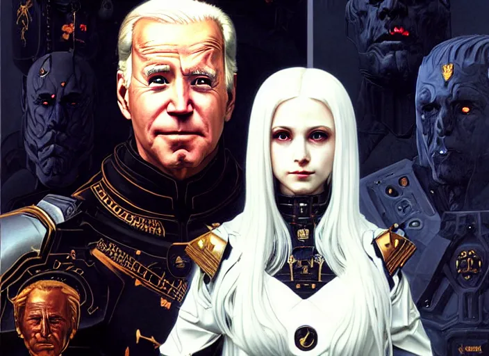 Prompt: portrait of joe biden goth cyborg with white hair in warhammer armor, art by kuvshinov ilya and wayne barlowe and gustav klimt and artgerm and wlop and william - adolphe bouguereau