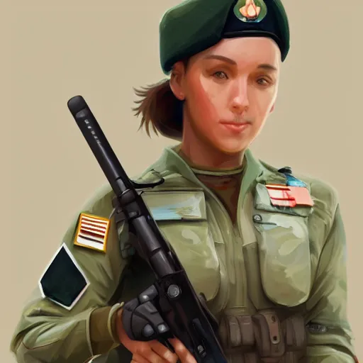 Image similar to a selfie of an upbeat female military soldier, highly detailed, digital painting, artstation, concept art, smooth, sharp focus, illustration