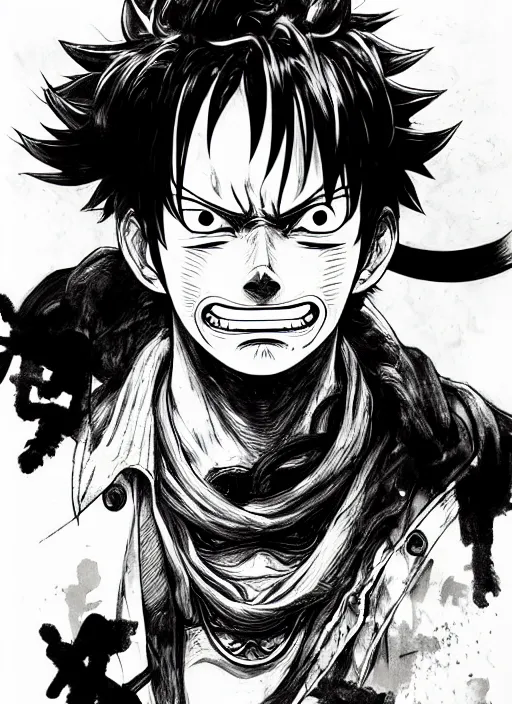 Image similar to portrait of luffy, sumi - e style, masterful, intense, ultrafine hyperdetailed illustration, concept art, detailed, intricate linework, art by yoji shinkawa