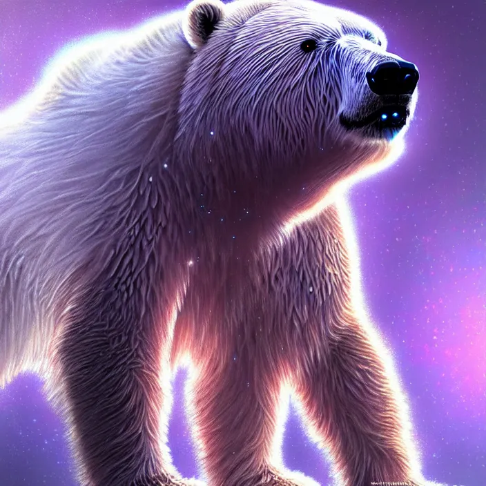 Prompt: bright psychedelic fluffy hairy cyborg polar bear, diffuse lighting, fantasy, intricate, elegant, highly detailed, lifelike, photorealistic, digital painting, artstation, illustration, concept art, smooth, sharp focus, art by John Collier and Albert Aublet and Krenz Cushart and Artem Demura and Alphonse Mucha