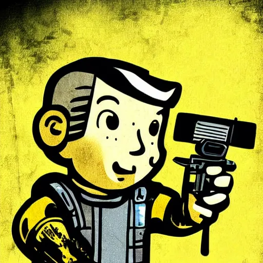 Image similar to digital art cold war poster of vault boy from fallout 3 game,