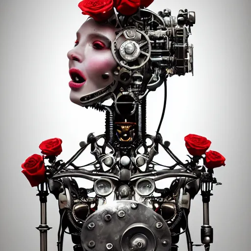 Image similar to a beautiful intricate fine art portrait photo of a a mechanical industrial steampunk cybernetic robot making silly funny faces, by tom bagshaw and zach sutton, roses surrounding the robot, perfection!, milk bath photography, studio lighting, 35mm lens, very detailed, bionic, cybernetic scifi, deep depth of field, artstation, 8K, highly coherent