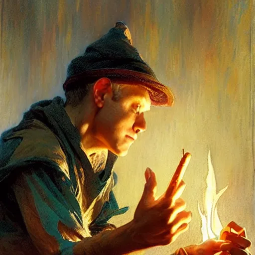 Image similar to stunning male master wizard teaching his son how to cast fire spell, highly detailed painting by gaston bussiere, craig mullins, j. c. leyendecker, 8 k