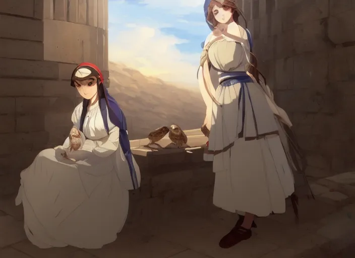 Image similar to greece 1 8 4 0's, young adult florence nightingale shocked at some children tormenting a small owl at the parthenon in athens, finely detailed perfect art, gapmoe yandere grimdark, trending on pixiv fanbox, painted by greg rutkowski makoto shinkai takashi takeuchi studio ghibli