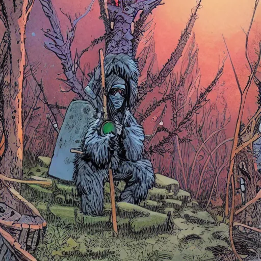 Image similar to ligne claire art of a druid in postapocalyptic city intertwined with nature in the open space, by moebius, bright colors, eisner award - winning spread