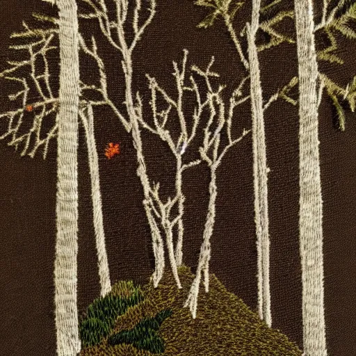 Prompt: from a dark forest, a clearing, a figure against the light, embroidery image large