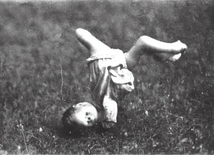 Image similar to an old worn photograph of a child in the distance floating upside - down