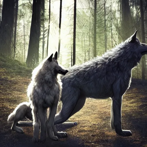 Prompt: werecreature consisting of a wolf and a human, photograph captured in a forest