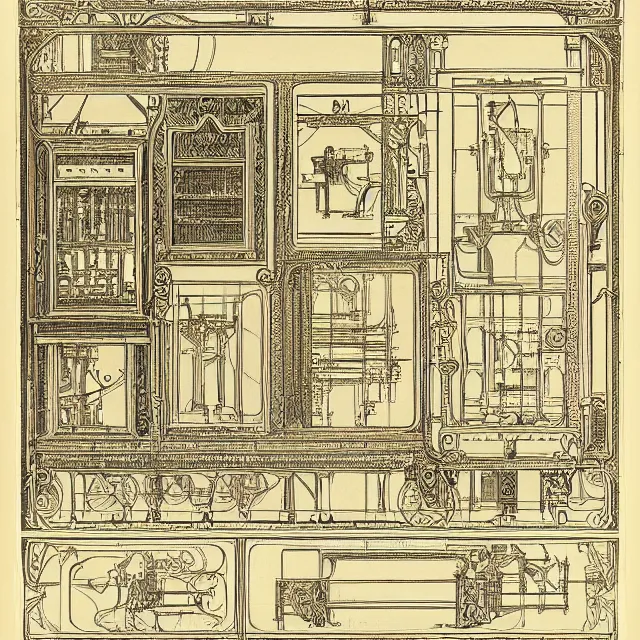 Image similar to beautiful, symmetric, art nouveau, detailed, intricate technical drawings on parchment from 1 8 4 0 with extensive written labels and covered in scribbled pencil notes in open space, for a mechanical display attachment to babbage's difference engine, showing a screen playing tetris, by ron cobb and alphonse mucha