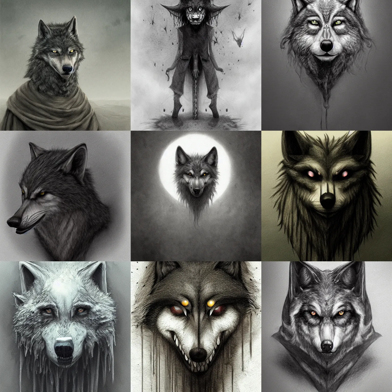 Prompt: a portrait of a creepy wolf in the style of John Kenn Mortensen, realistic painting, high definition, digital art, matte painting, very detailed, realistic