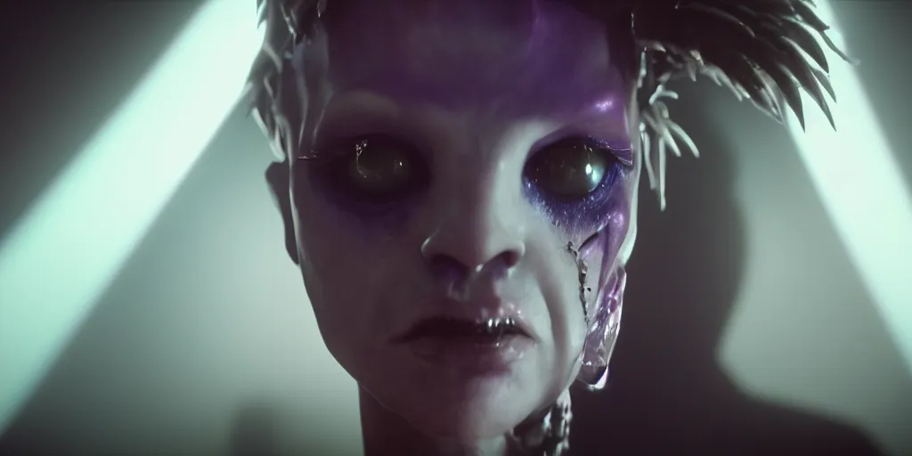 Image similar to cinematic film still of a punk alien starring in a dave meyers directed music video, cgi, vfx, chiaroscuro lighting, shallow depth of field, 8 0 mm, f 1. 8