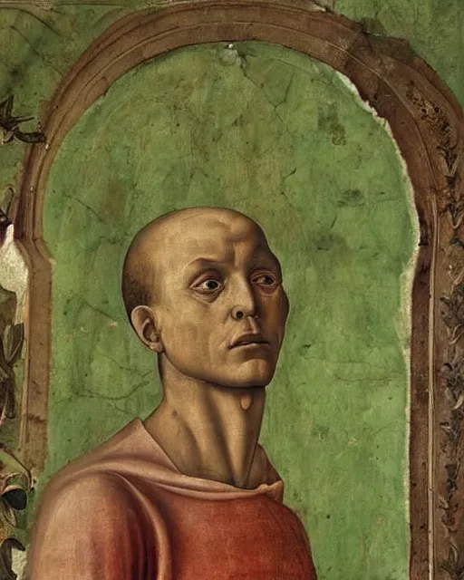 Image similar to stunning renaissance fresco of a green sad devil, masterpiece, artstation, by Sandro Botticelli, by Sofonisba Anguissola