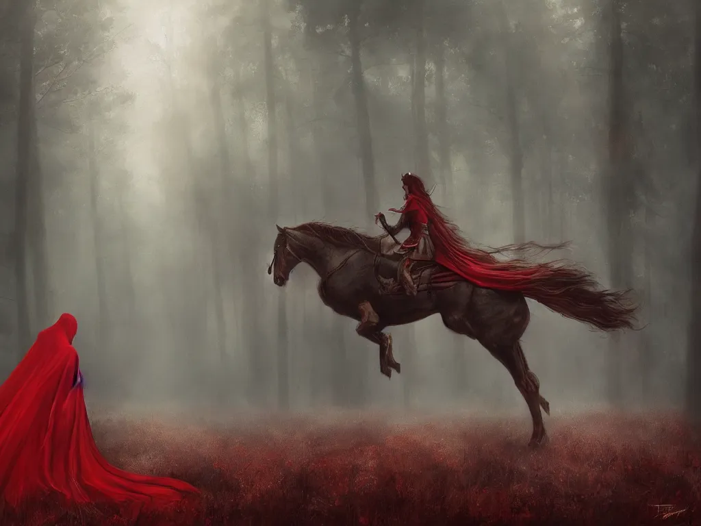 Image similar to this story has to be told in soulful pictures, forest, female rider on a horse wearing a long red cape , rays of life, cinematic, fantasy art, moody light, trending on artstation, by esao andrews, by naoto hatori, by tyler jacobson
