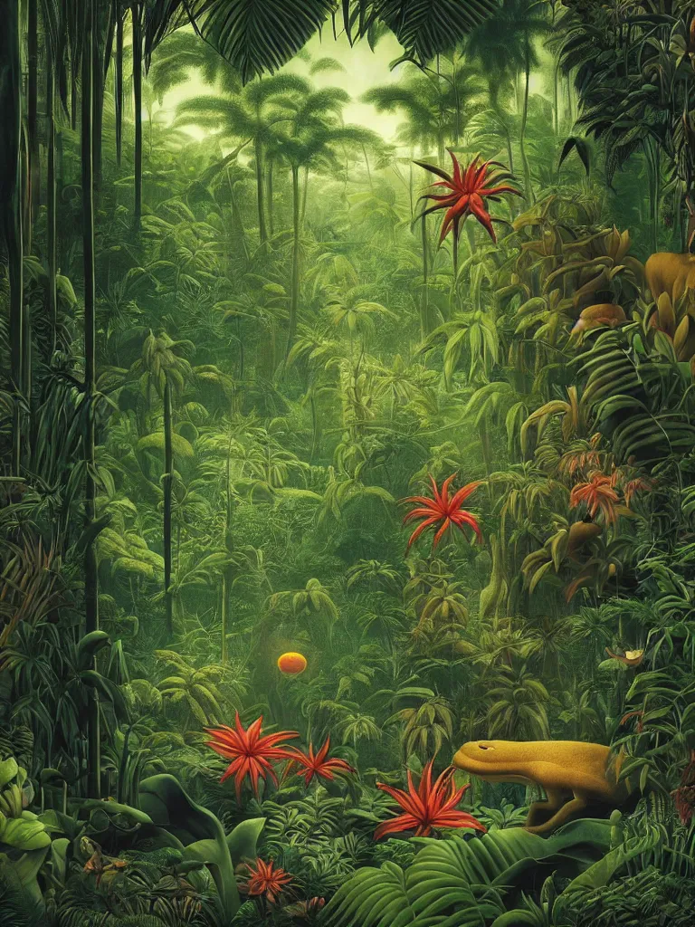 Prompt: a beautiful but foreboding dream inside the lush Malaysian jungle with exotic rainforest flora and fauna where time seems to stand still by Martin Johnson Heade, Hiroshi Sugimoto, Henri Rousseau, Ernst Haeckel, foggy memories of invisible primordial spirits, medium close up shot, wide angle lens, photorealism, anaglyph filter, cinematic mood lighting, National Geographic photography, trending on Art Station.