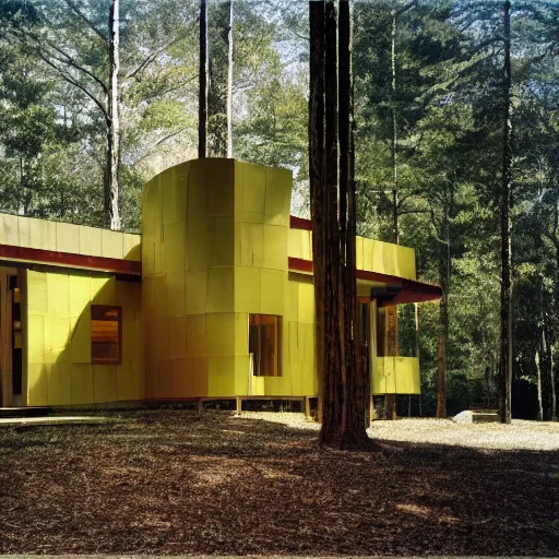 Image similar to architecture ad for a mid-century modern house in the middle of the forrest, designed by Frank Gehry. Film grain, cinematic, colorized, yellow hue