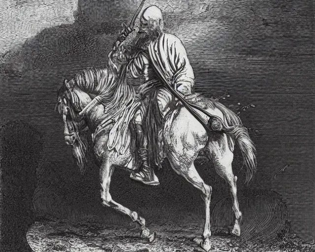 Prompt: “An engraving of Don Quixote illustrated by Gustave Doré”