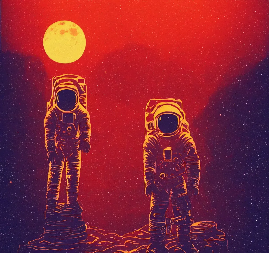Prompt: an astronaut standing on mars in the style of flooko, acrylic art, detailed, moonlight, red lighting, bokeh, synthwave, psychedelic, glitch, neon,