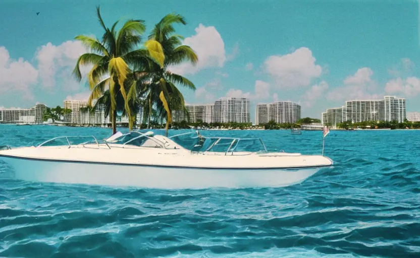 Image similar to photorealistic picture of a sport boat turquoise water. miami. 8 0's style