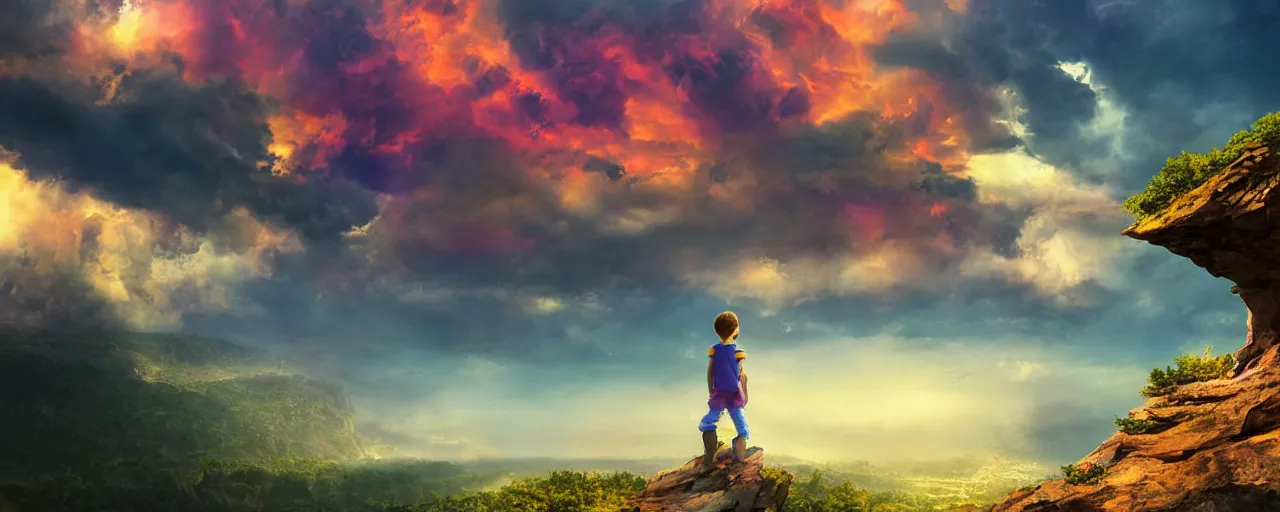 Prompt: Colorful dramatic puffy clouds, Kid standing on the edge of a cliff overlooking a forest, Glowing city on the horizon, matte painting, concept art, 4K