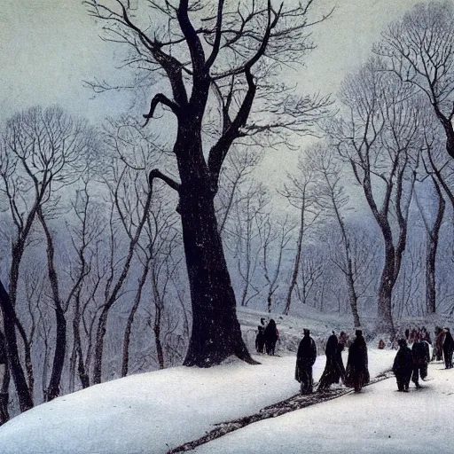 Prompt: a group of people walking through a snow covered forest, painting by Caspar David Friedrich