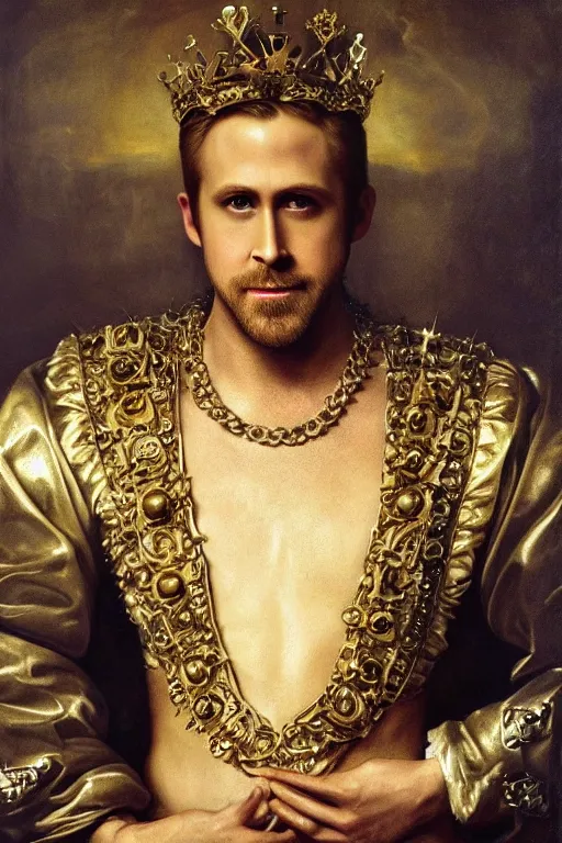 Prompt: Gorgeous full-body renaissance portrait of Ryan Gosling as a king of fantasy kingdom with Crown of thorns on his head, front view, gold, artstation, very beautiful, luxurious, impressive, soft light, by Anthony van Dyck and Daniel Gerhartz