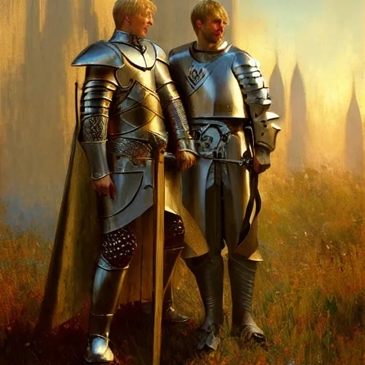 Image similar to attractive arthur pendragon and his favourite attractive male knight, they are in love, camelot, natural lighting, path traced, highly detailed, high quality, digital painting, by gaston bussiere, craig mullins, j. c. leyendecker