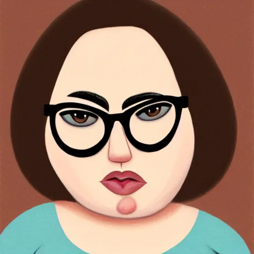 Prompt: fat round brunette woman with messy hair in a short bob, big forehead, round face, big cheeks, large glasses, romanian heritage, brown almond-shaped eyes, olive skin, round nose, protruding chin, wide face, thin lips, wide mouth, no bangs, digital art, painterly, cartoon, cute, 8k, illustration, art by loish, painterly, trending on artstation, medium shot, uncropped