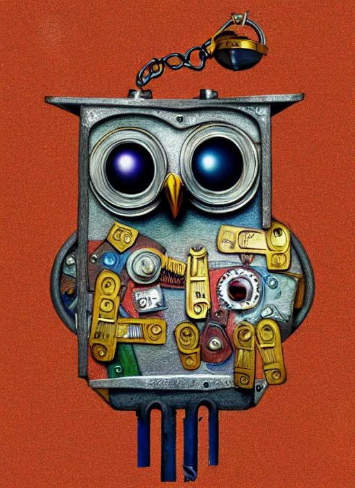 Image similar to colored pencil and pen drawing of an animatronic robot owl, bird made from rusty old keys and padlocks, space background, 8 k photorender realityengine