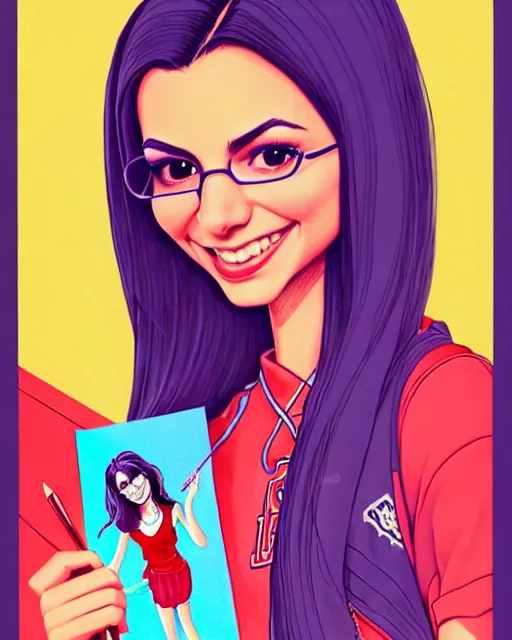 Prompt: richly detailed color  illustration of Victoria Justice as a prep highschool student surrounded by beautiful cursive writing, large format image. illustrated by Artgerm and Mina Petrovic and Timothy Kong and Marina Federovna. 3D shadowing.