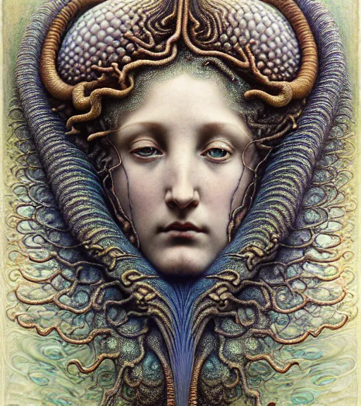 Image similar to detailed realistic beautiful reef goddess face portrait by jean delville, gustave dore, iris van herpen and marco mazzoni, art forms of nature by ernst haeckel, art nouveau, symbolist, visionary, gothic, neo - gothic, pre - raphaelite, fractal lace, intricate alien botanicals, ai biodiversity, surreality, hyperdetailed ultrasharp octane render