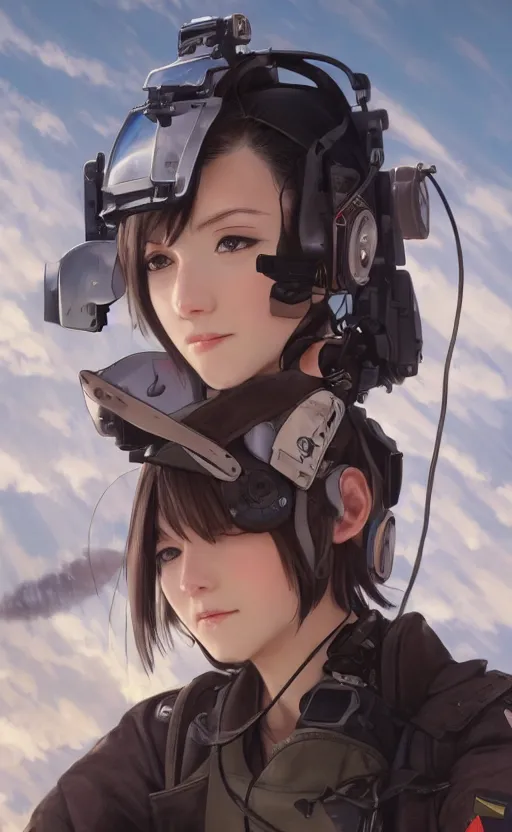 Image similar to a flying girl, fused aircraft parts, military pilot clothing, anime style, short hair, hair down, symmetrical facial features, from arknights, hyper realistic, 4 k, rule of thirds, extreme detail, detailed drawing, trending artstation, hd, realistic lighting, by alphonse mucha, greg rutkowski, shoulder eyes, backlit