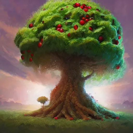 Image similar to tree made of all kinds fruits, by rossdraws, james jean, andrei riabovitchev, marc simonetti, yoshitaka amano, artstation, cgsociety