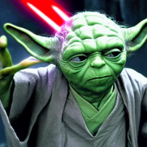 Image similar to A film still of Yoda as a sith lord wearing dark attire realistic,detailed