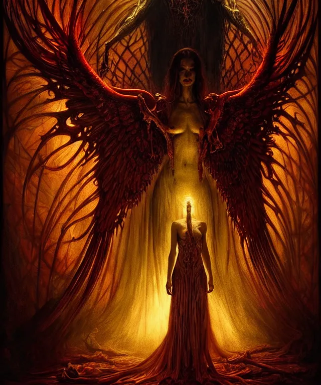 Image similar to epic professional digital art of god's bargain with lucifer, horrific yet beautiful vibe, evocative, atmospheric lighting, painted, intricate, highly detailed, by leesha hannigan, wayne haag, reyna rochin, ignacio fernandez rios, mark ryden, iris van herpen, artstation, cgsociety, stunning, gorgeous, sharp focus, cinematic, masterpiece