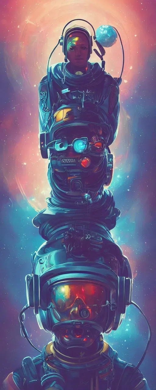 Prompt: a poster design of a solo cyberpunk astronaut wearing headphones in space, universe, cyberpunk, warm color, Highly detailed labeled, poster, peter mohrbacher, featured on Artstation