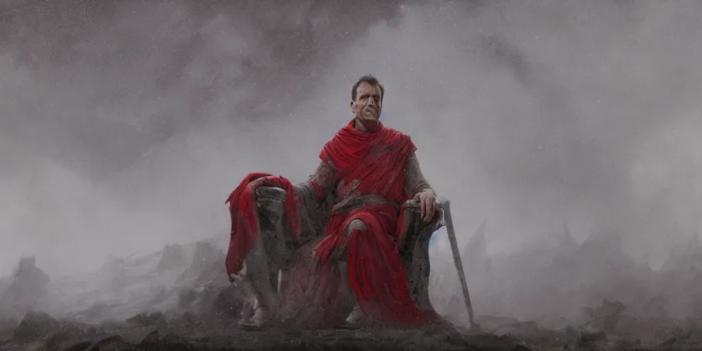 Image similar to the end is near. a tired julius caesar is sitting on his throne. face is highly detailed. splices of red are running down his toga. mist. color scheme red. low angle close shot. atmospheric. global illumination. unreal engine render. imagined by jeremy lipking