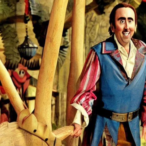 Prompt: nic cage in pinocchio, disney,