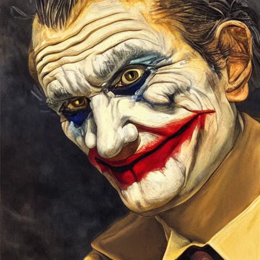 Prompt: joker, painted by lucien freud, intricate, detailed, atmospheric lighting, golden hour.