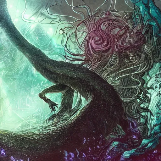 Image similar to basilisk of roko and the awakening of an ai with consciousness, surreal technological conceptual art magical cybernetic realism horro visions distopic and utopic art