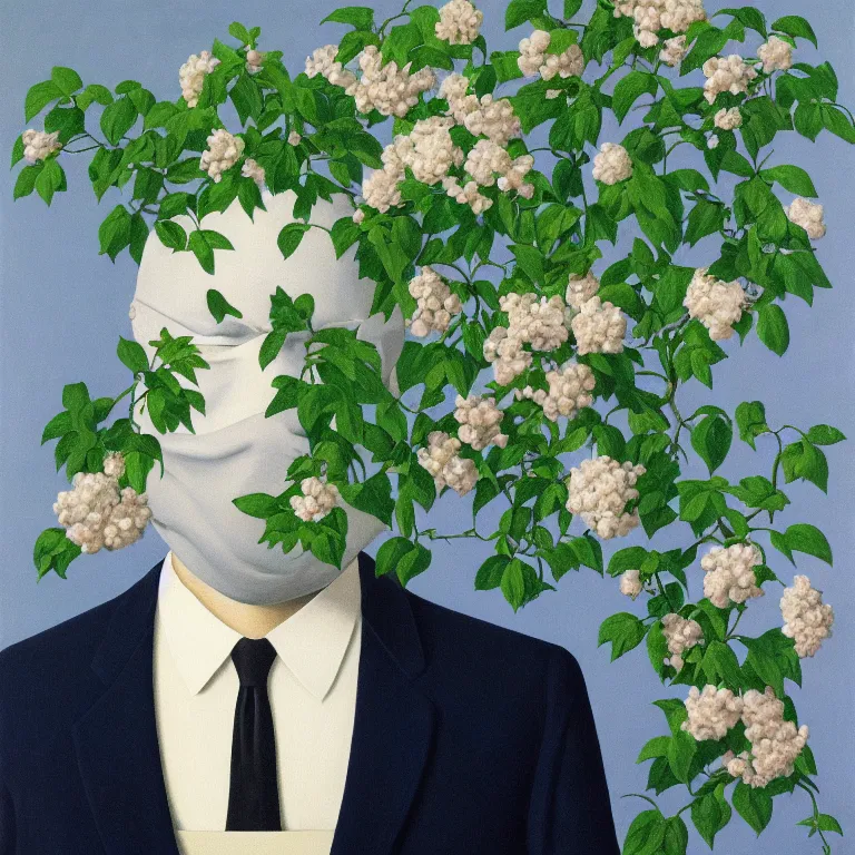 Image similar to portrait of man in a suit with flowers hiding his face by rene magritte, detailed painting, hd, hq, high resolution, high detail, 4 k, 8 k